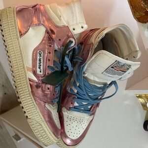 Off-White Metallic Pink and White High-Tops